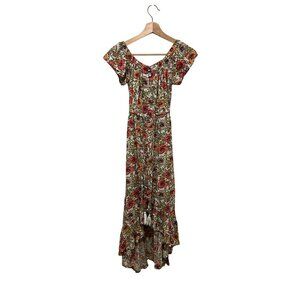 Abel The Label Multi Floral Pleated Neck Ruffled Hem Maxi Dress Women's Size XS